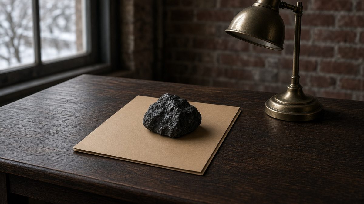 drug rehab still life: Anthracite desk, cream inspection card, coal-region topographic scrap, steel clip