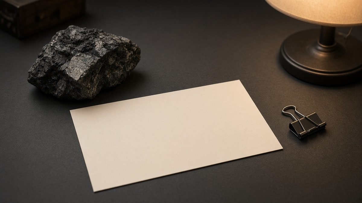 Anthracite desk, cream inspection card, coal-region topographic scrap, steel clip, unmarked state outline
