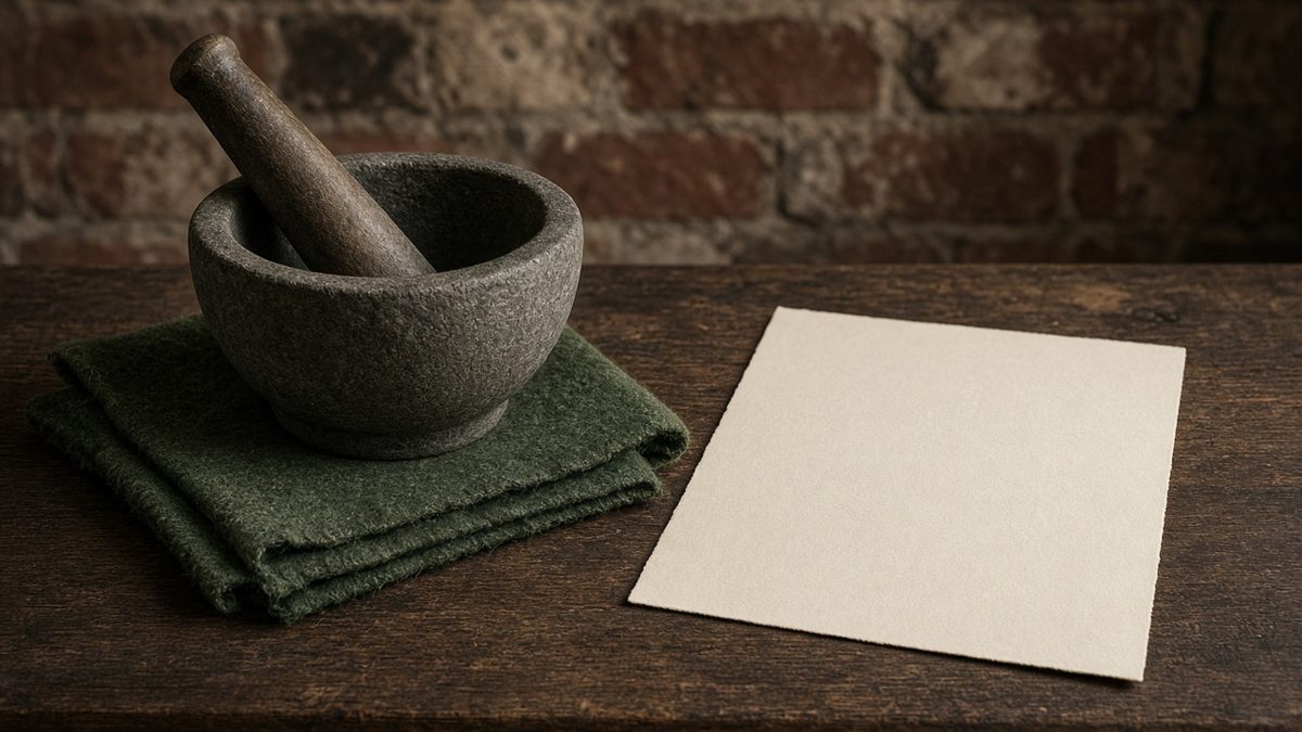 substance abuse treatment still life: Anthracite desk, cream inspection card, coal-region topographic scrap, steel clip
